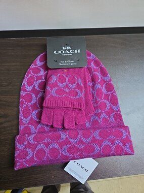 Coach Deep Plum AOP Beanie and Gloves Set with Signature Coach Logo Pattern NWT